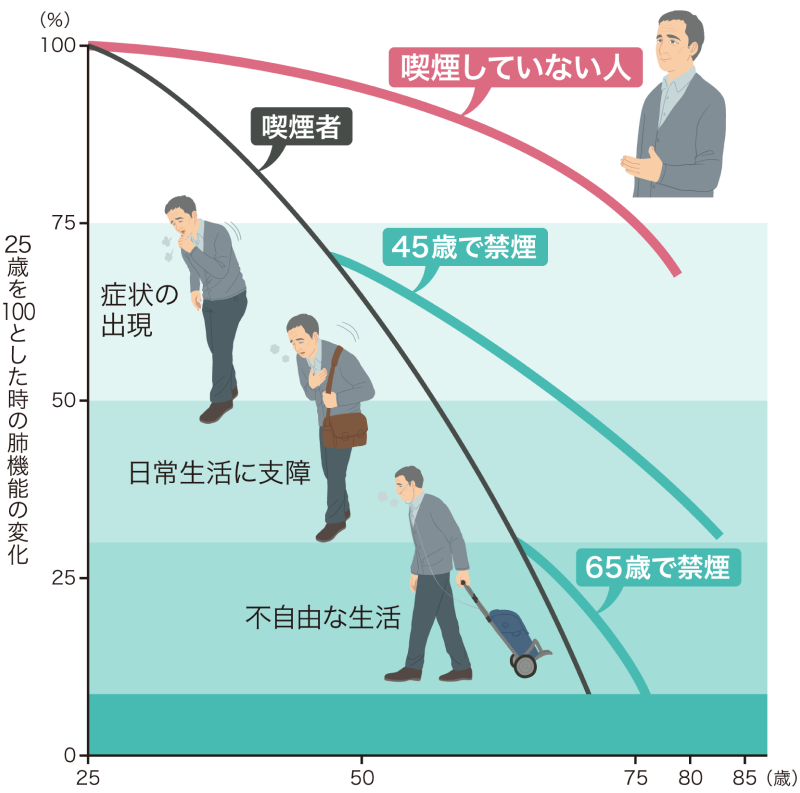 COPDは世界の死亡原因第3位です＊ 肺機能の低下が起こる病気ですが、禁煙により進行を抑えることが期待できます