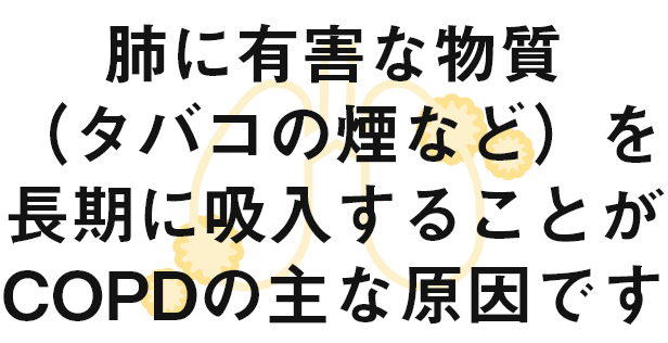 肺に有害な物質（タバコの煙など）を長期に吸入することがCOPDの主な原因です